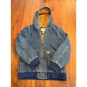 London Fog Supply Boys' Blue Denim Sherpa Lined Cotton Hoodie Jacket Sz L 14/16
